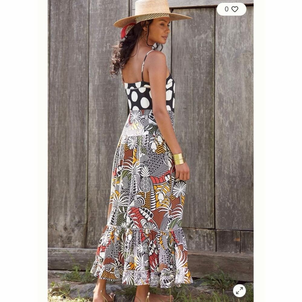 Farm Rio for Anthropologie Tiered Cover Up Maxi Dress Polka Dot Tropical Print L - Picture 5 of 11